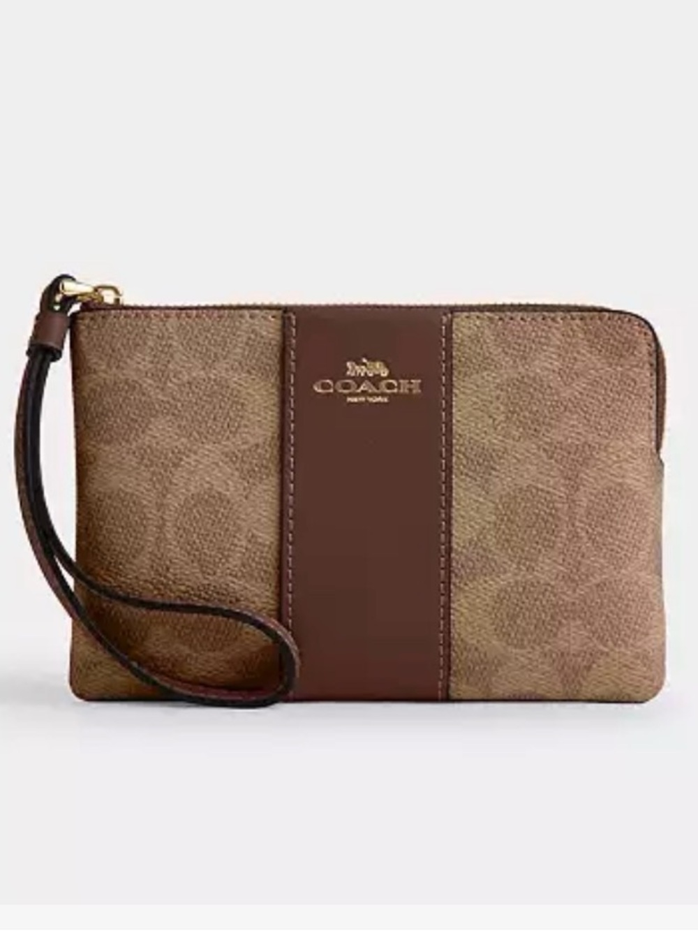 Coach Tan/Brown Signature Wristlet with Center Leather Stripe